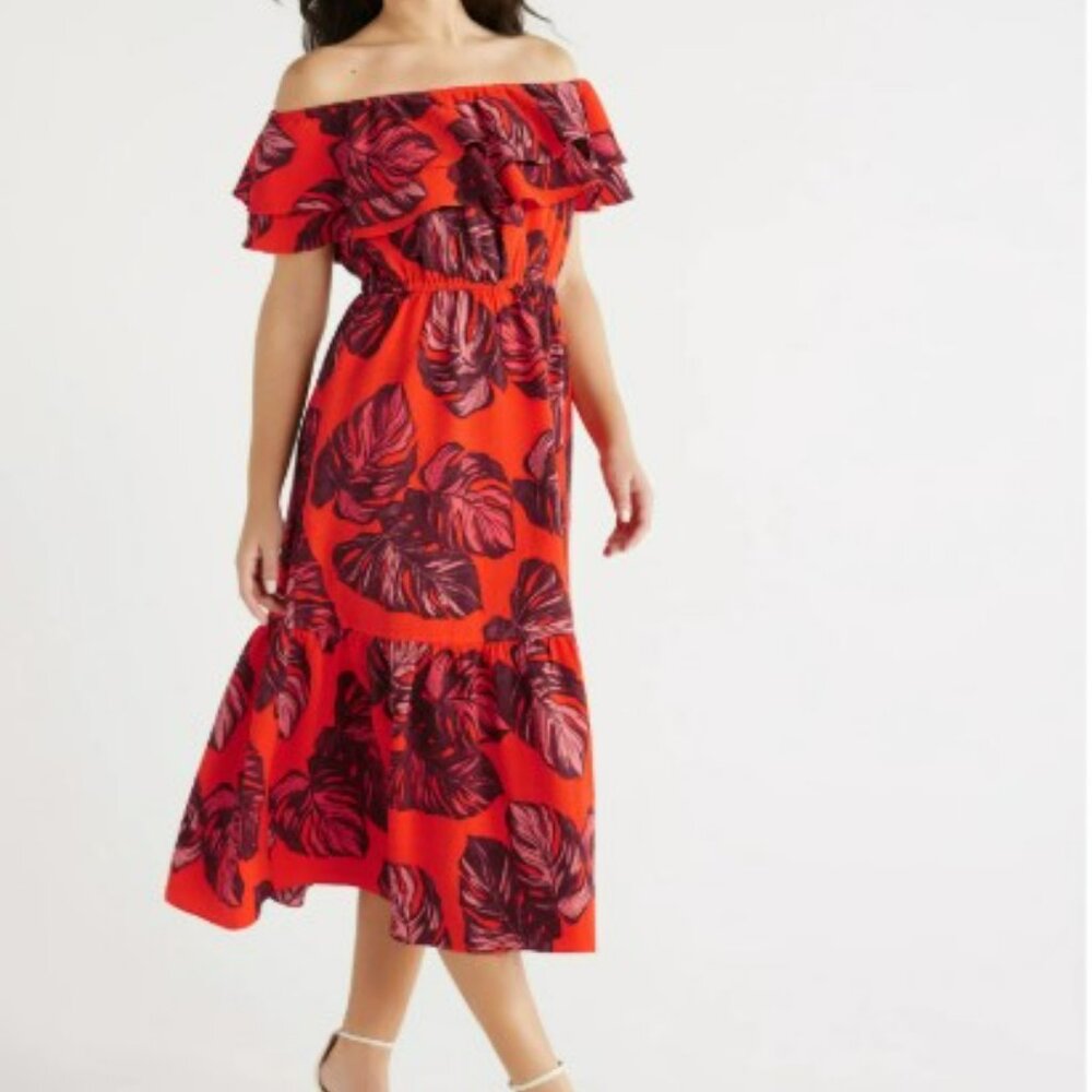 Sophia Vergara 3XL Tropical Red Leaf Print Midi Dress Floral Beach Vacation